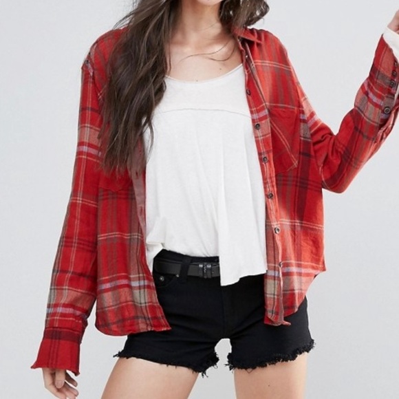 Free People Wesley Red Plaid Botton Front Shirt S - Picture 2 of 12